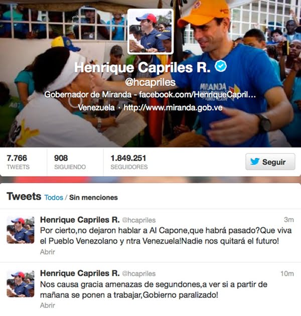 Captura de pantalla del perfil de Twitter de Enrique Capriles.