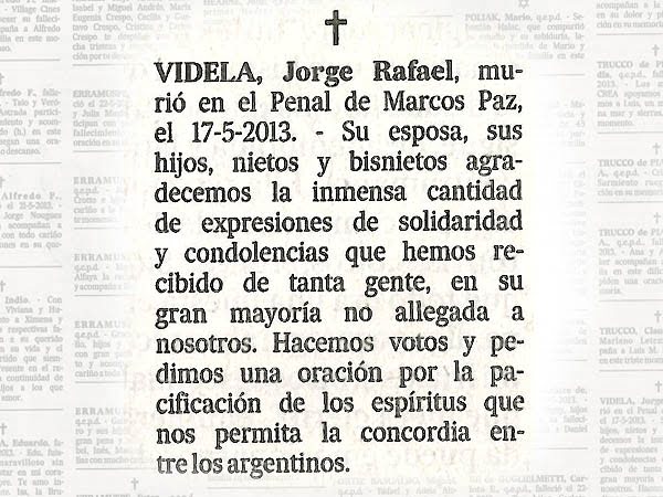 El aviso publicado por la familia del dictador Videla en el diario La Nación.