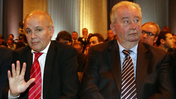 Sabella y Grondona en la ceremonia de presentación de la transmisión del Mundial en la Televisión Pública. 