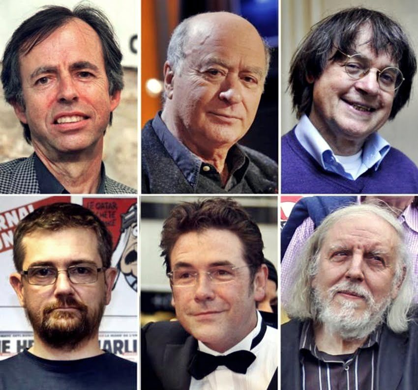 De izquierda a derecha y de arriba a abajo: Bernard Marris, Georges Wolinski, Jean Cabut, 'Charb', Tignous y Honoré. Seis de los periodistas de 'Charlie-Hebdo' asesinados. 