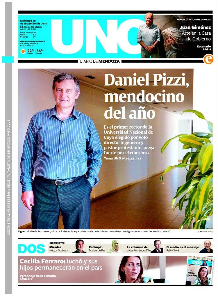 Tapa de la edición del 28 de diciembre de 2014 del diario Uno.