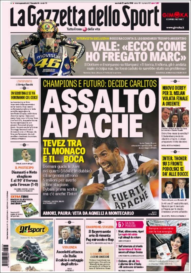 Tevez en la tapa de La Gazzeta dello Sport