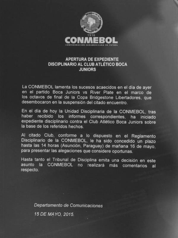 Oficialmente,la Conmebol emitió un comunicado sin mencionar las sanciones. 