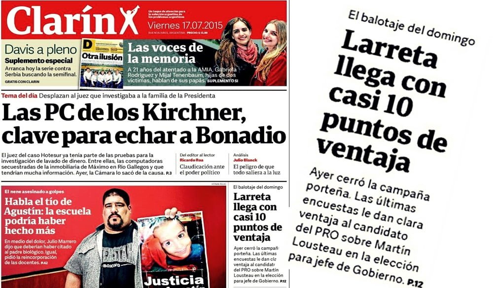 Tapa del diario Clarín del viernes 17 de julio.