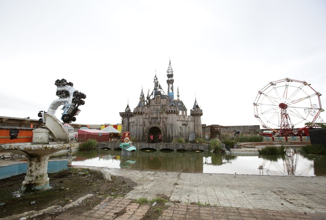 A fairytale castle which forms part of Dismaland - Bemusement Park, Banksy's biggest show to date, in Western-super-Mare, Somerset.