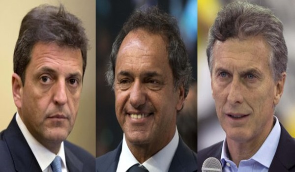 FILE S - This combo of three file photos taken in Buenos Aires, Argentina shows three presidential candidates, from left, Sergio Massa at a meeting with the press on Sept. 28, 2015; Buenos Aires' Governor Daniel Scioli at the presentation of a new line of products at a cosmetics factory on Oct. 14, 2015; and Mauricio Macri speaking to supporters at his opening campaign rally on Oct. 3, 2015. To win in the first round on Oct. 25, the candidate must get at least 45 percent of the votes, or 40 percent and a 10 percent spread over the nearest competitor. If not, there will be a runoff between top two candidates on Nov. 22. (AP Photo/Natacha Pisarenko, Files)