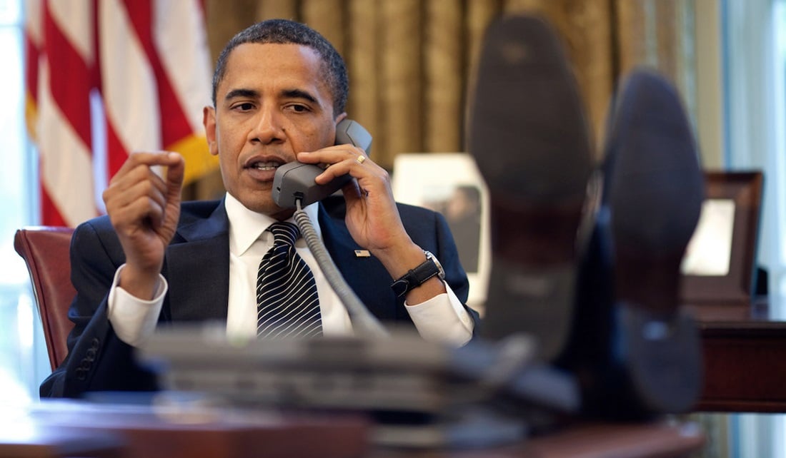 President Barack Obama talks with Israeli Prime Minister Benjamin Netanyahu during a phone call from the Oval Office, Monday, June 8, 2009. Official White House Photo by Pete Souza.This official White House photograph is being made available for publication by news organizations and/or for personal use printing by the subject(s) of the photograph. The photograph may not be manipulated in any way or used in materials, advertisements, products, or promotions that in any way suggest approval or endorsement of the President, the First Family, or the White House.