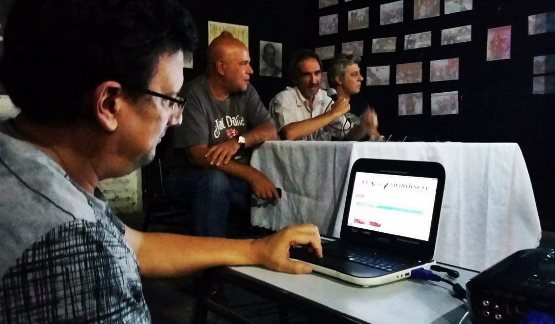 Juan Pablo Gianello, Alejandro Abraham, Enrique Pfaab y Jorge Giménez en la presentación de El Mordisco. Foto: Eugenio Gorkin