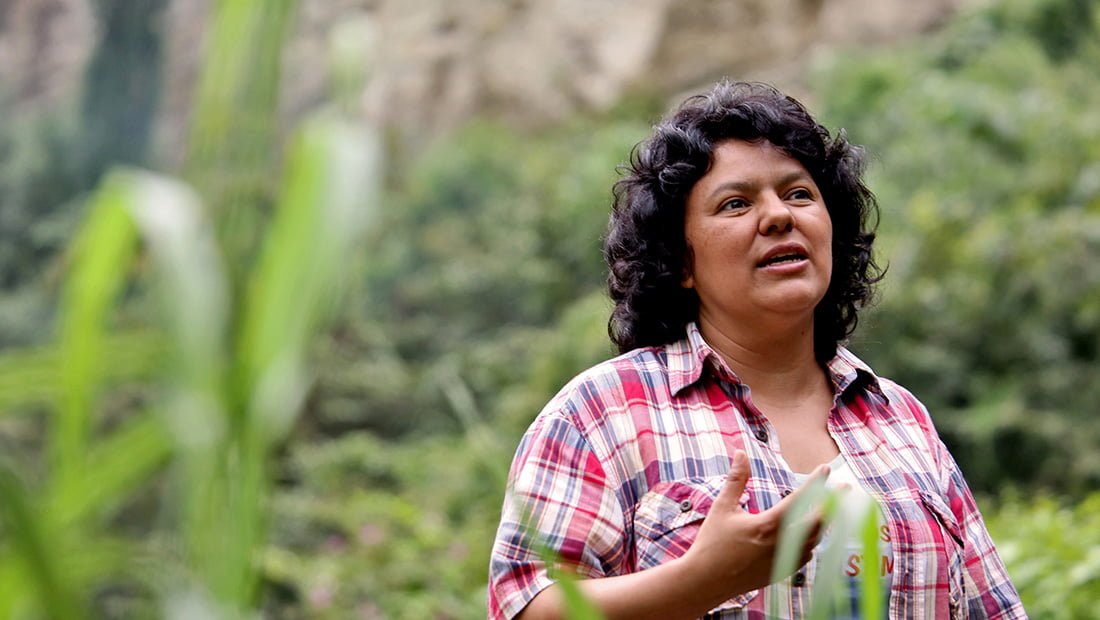 Berta Caceres at the banks of the Gualcarque River in the Rio Blanco region of western Honduras where she, COPINH (the Council of Popular and Indigenous Organizations of Honduras) and the people of Rio Blanco have maintained a two year struggle to halt construction on the Agua Zarca Hydroelectric project, that poses grave threats to local environment, river and indigenous Lenca people from the region.