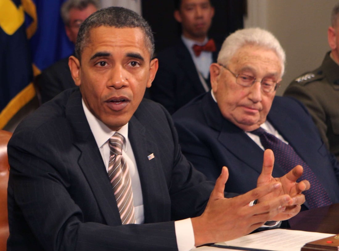 November 18, 2010 - Washington, D.C. - President Barack Obama makes a statement during a meeting with present administration officials and former Secretaries of State and Defense in the Roosevelt Room of the White House on November 18, 2010. (left to right. President Obama, Henry Kissinger, former Secretary of State. Photo Credit: Dennis Brack/Pool/Sipa Press/secpotusipa.004/1011190005 (Newscom TagID: sipaphotostwo960907.jpg) [Photo via Newscom]