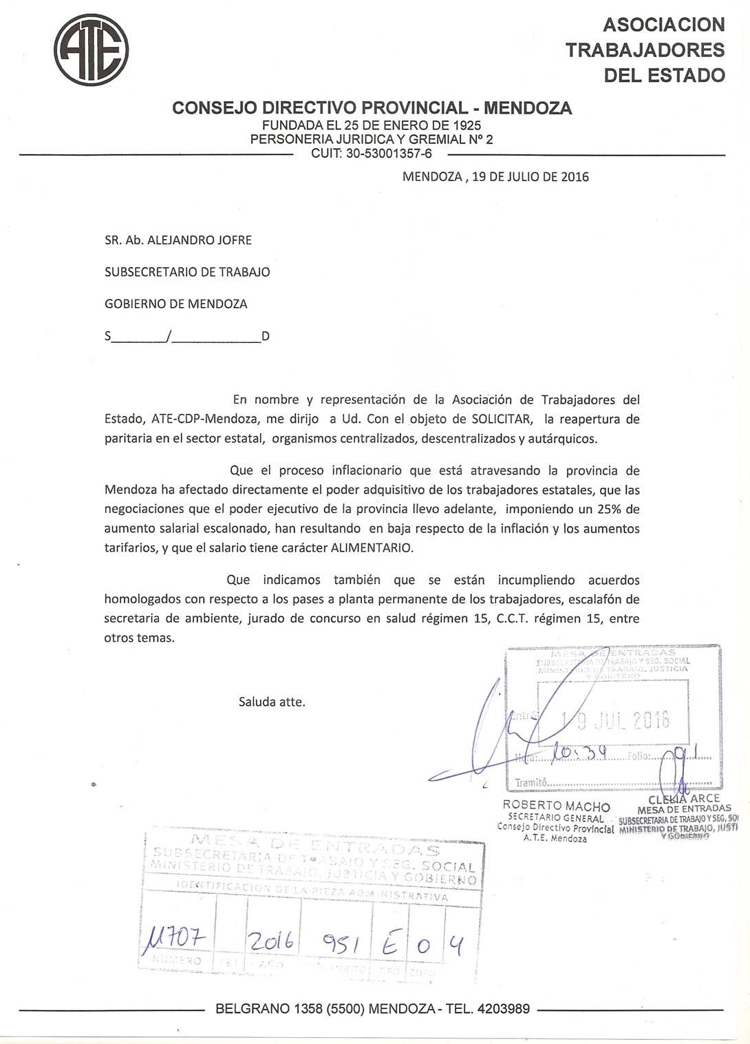 Texto del pedido formal de apertura de paritarias presentado por ATE este martes en la Subsecretaría de Trabajo.