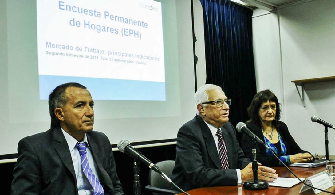 El director del INDEC, Jorge Todesca, acompañado del director Técnico del organismo,Fernando Cerro, informó los datos del empleo, desocupación, y sub ocupación, en todo el país, correspondientes al segundo trimestre del corriente año. Foto: Télam