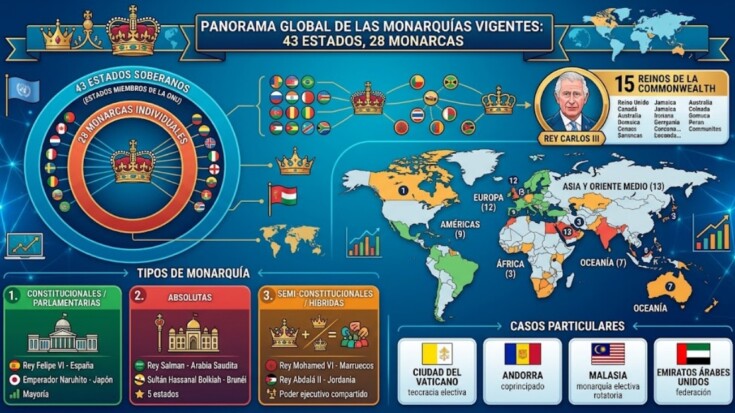 El mapa de las monarquías en 2026: 43 estados soberanos tienen a un rey como jefe de Estado